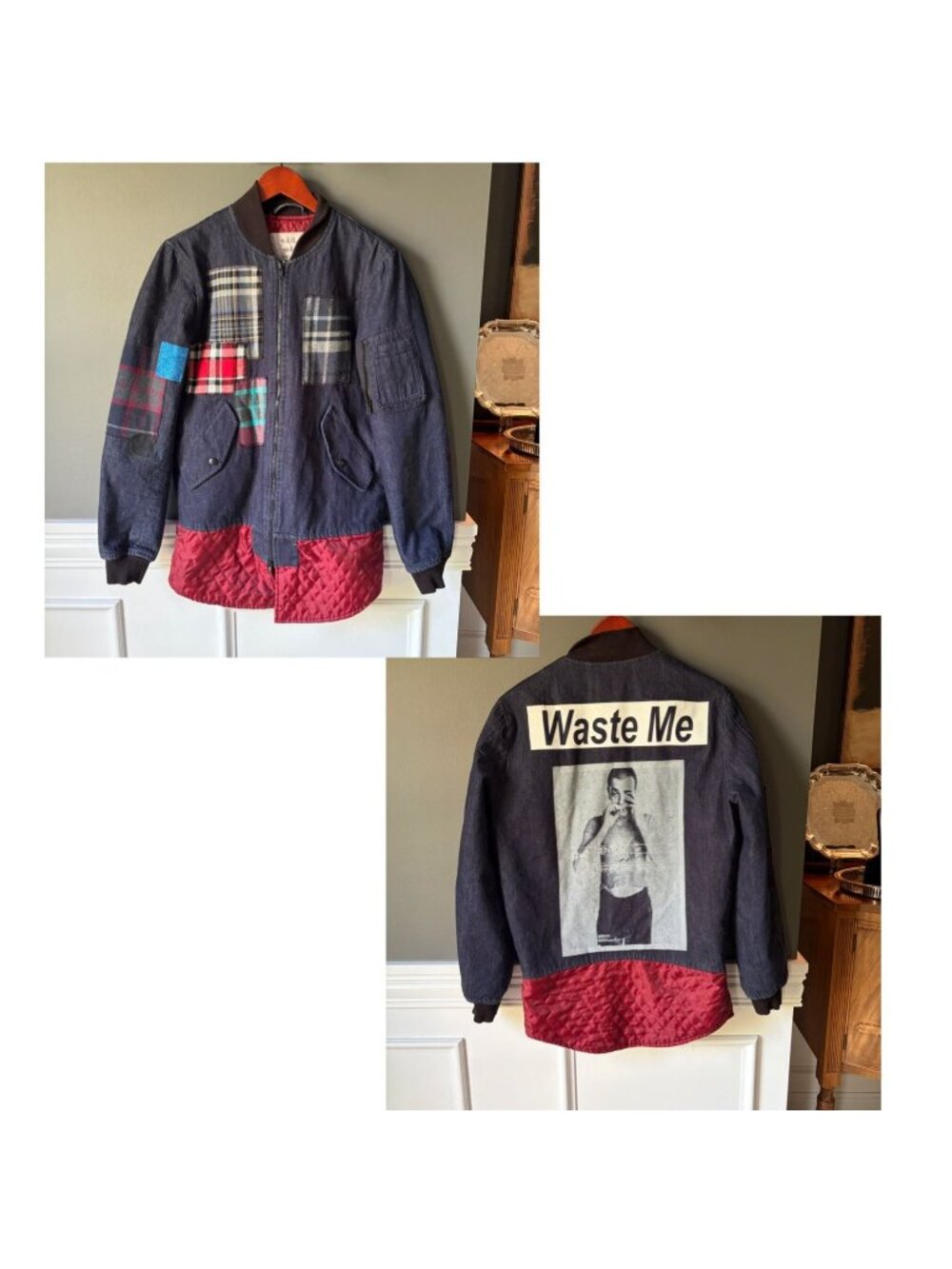Sold Out FRVR “Waste Me” Patchwork Denim Bomber Jacket XS Avant-Garde Streetwear